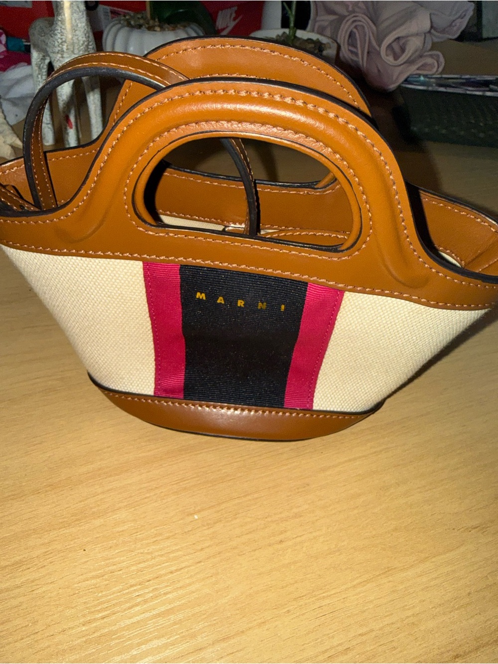 Marni Tan Leather & Cream Canvas Mini Tote with Red and Black Stripe